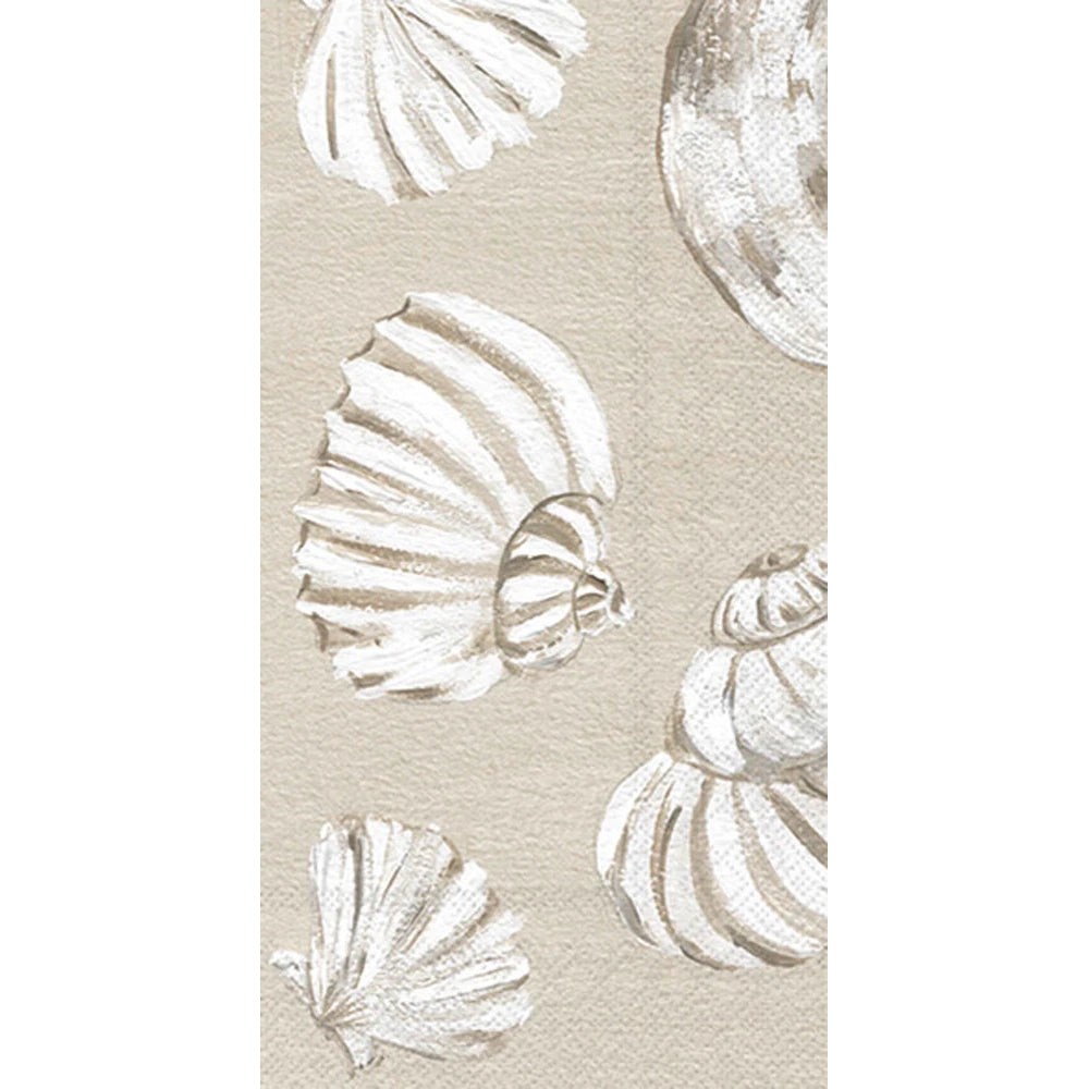 Neutral-toned guest towel napkin with elegant white seashell illustrations on a soft beige background, ideal for beach weddings, coastal parties, or nautical-themed events.