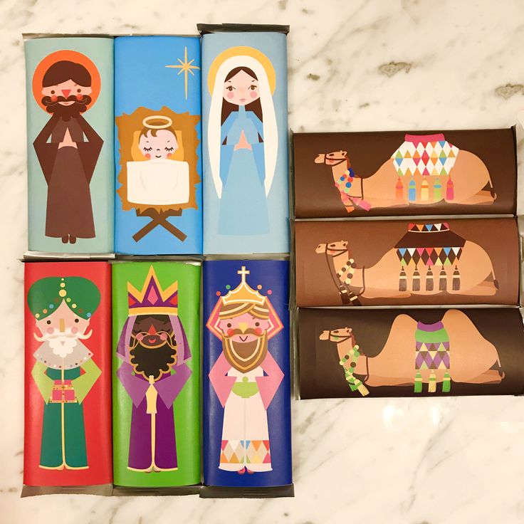 Nativity Scene Hershey’s Bar Wrappers featuring the Holy Family, Three Wise Men (Reyes Magos), and camels in festive colors – instant download file for holiday treats