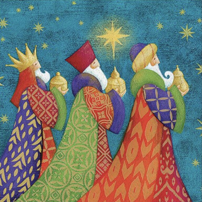 Festive lunch napkin illustration of the Three Kings bearing gifts beneath the Star of Bethlehem, in bold patterned robes against a celestial blue background—ideal for Christmas dinners and Epiphany celebrations.