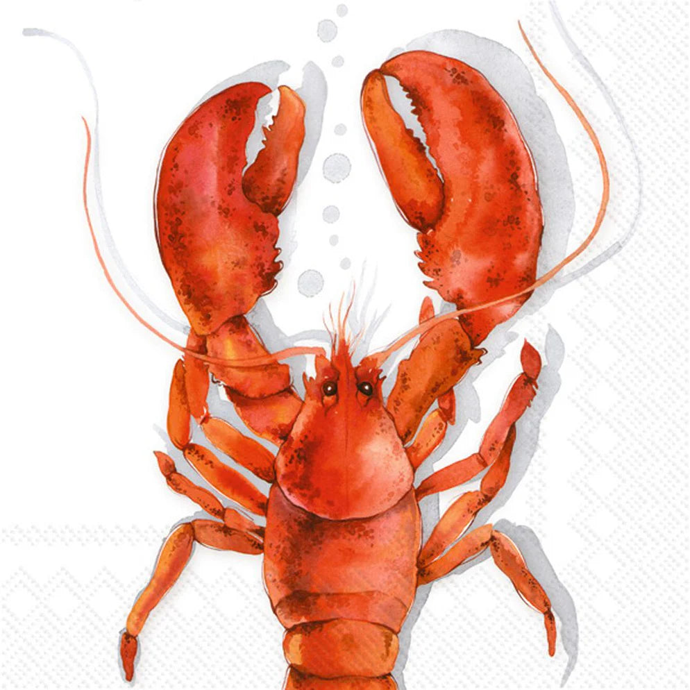 Watercolor red lobster cocktail napkin on white background – tropical seafood party tableware