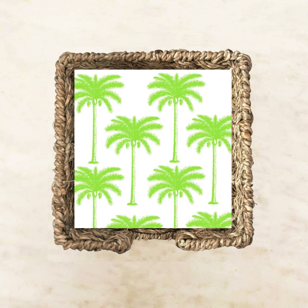 Bright hot lime palm trees cocktail napkins featuring a tropical palm print, perfect for beach parties, summer events, and tropical-themed celebrations.