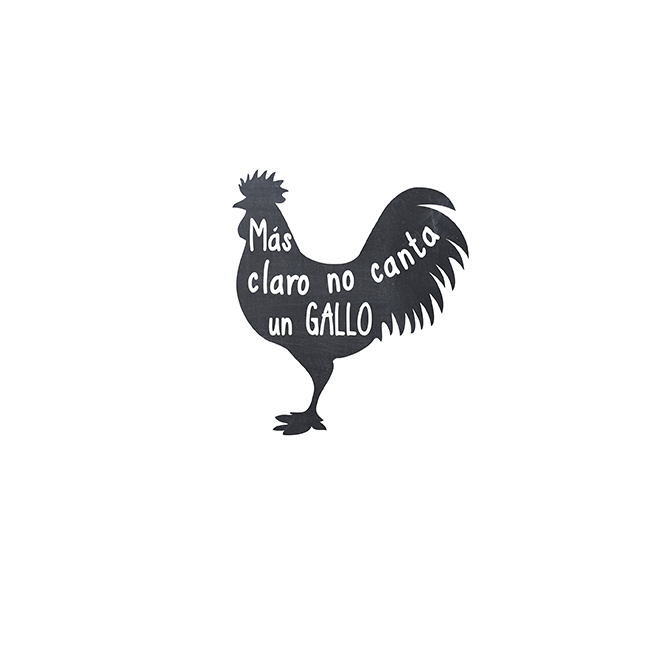 Black silhouette of a rooster with text on a white background Más claro no canta un gallo Baby One Piece
