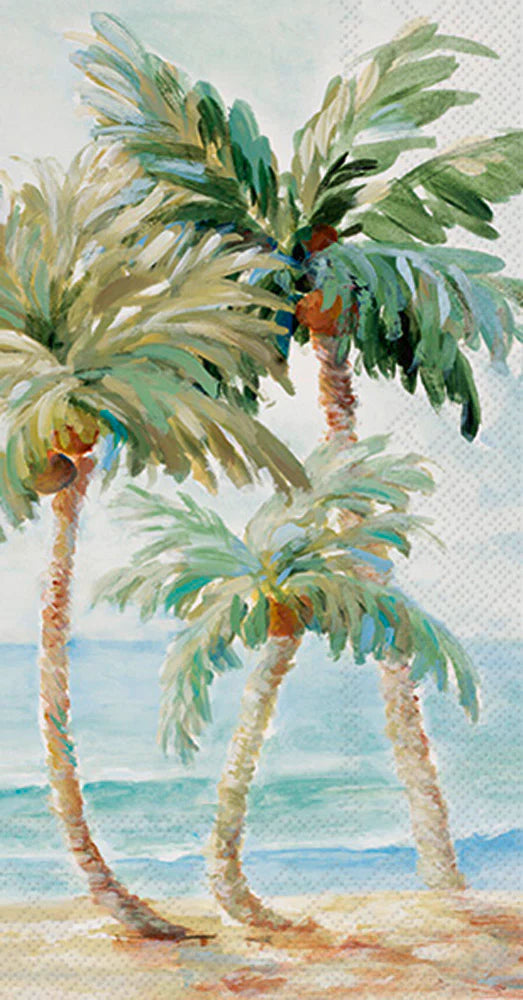 Tropical Escape - Watercolor image radiates a serene and tranquil aura of a tropical paradise with tall, lush palm trees gently swaying over a calm seaside backdrop. Perfect for beach-themed gatherings or to enjoy a touch of paradise in your everyday life. - tropical, beach, palm trees, seaside, paradise, summer, relaxation, vacation, coastal, tranquility