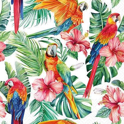 Tropical paper napkin with parrots, flowers, and leaves on a white background