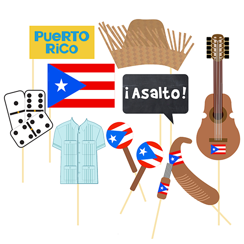 Collection of Puerto Rican-themed photo booth props including a flag, guitar, and traditional clothing on sticks.