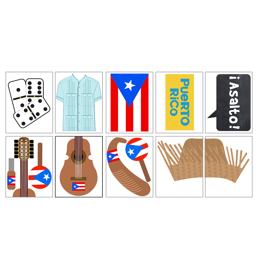 Collection of Puerto Rican-themed photo booth props including a flag, guitar, and traditional clothing on sticks. Instant Downloads
