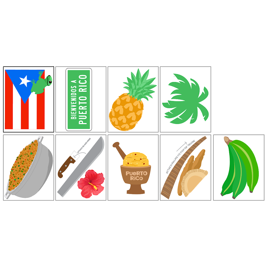 Illustrated Puerto Rican photo booth props featuring a palm tree, machete, pineapple, pastelillos (empanadas), a pot of arroz con gandules, a pilón with mofongo, a bunch of green plantains, a red hibiscus flower, a coquí frog on the Puerto Rican flag, and a green "Bienvenidos a Puerto Rico" welcome sign. These colorful icons represent the flavors and culture of Puerto Rico.