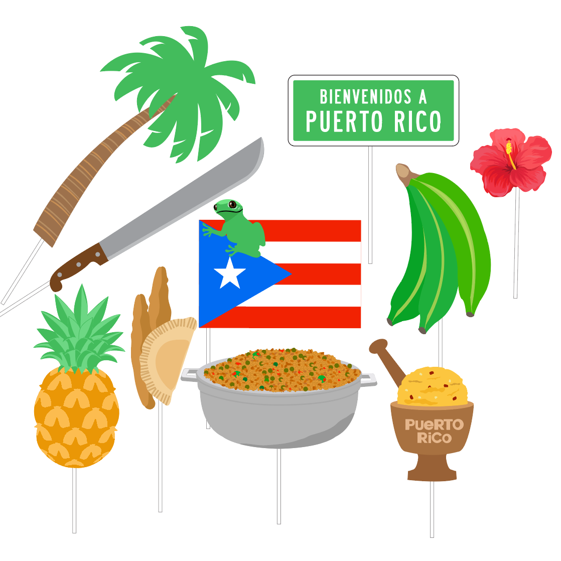 Illustrated Puerto Rican photo booth props featuring a palm tree, machete, pineapple, pastelillos (empanadas), a pot of arroz con gandules, a pilón with mofongo, a bunch of green plantains, a red hibiscus flower, a coquí frog on the Puerto Rican flag, and a green "Bienvenidos a Puerto Rico" welcome sign. These colorful icons represent the flavors and culture of Puerto Rico.