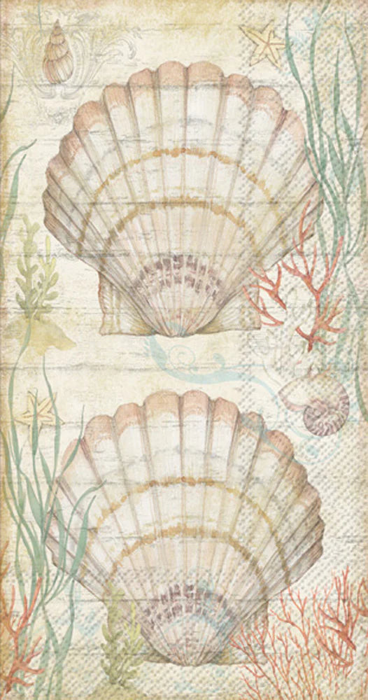 Elegant coastal guest towel napkin featuring soft watercolor scallop shells, coral, seaweed, and oceanic illustrations in pastel tones—ideal for beach weddings, coastal homes, and summer p