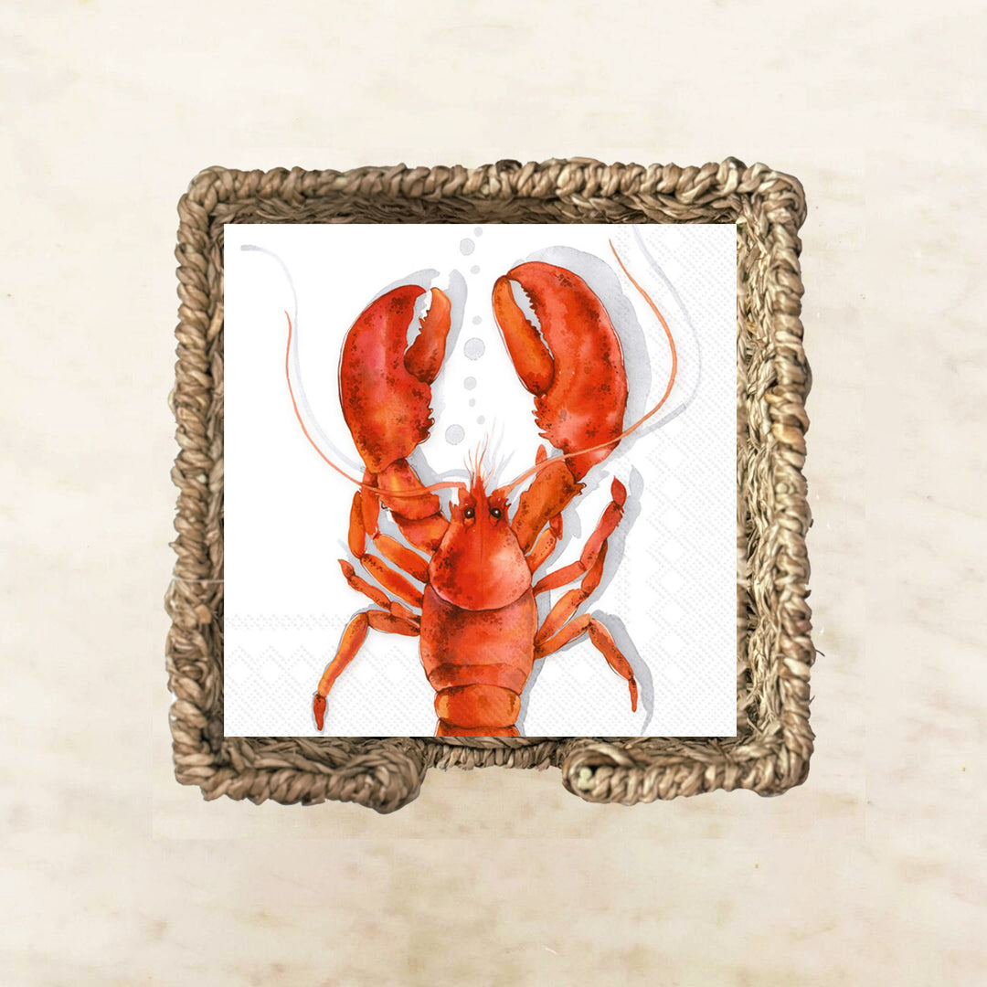 Watercolor red lobster cocktail napkin on white background – tropical seafood party tableware