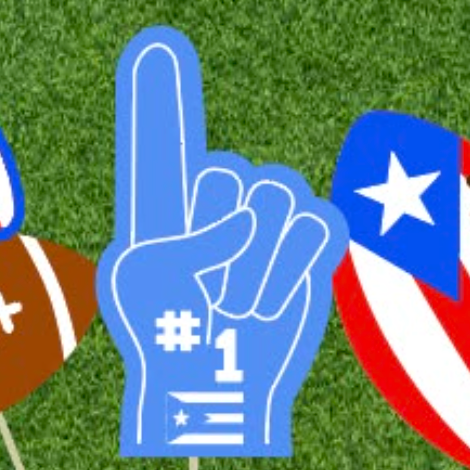Blue foam finger with '#1' and American flag, football, and Puerto Rican flag on grass.