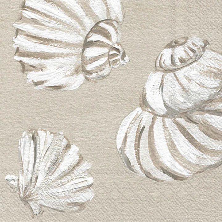 Neutral cocktail napkin featuring hand-painted white seashells on a soft sandy beige background, perfect for coastal parties, beach house entertaining, and seaside events.
