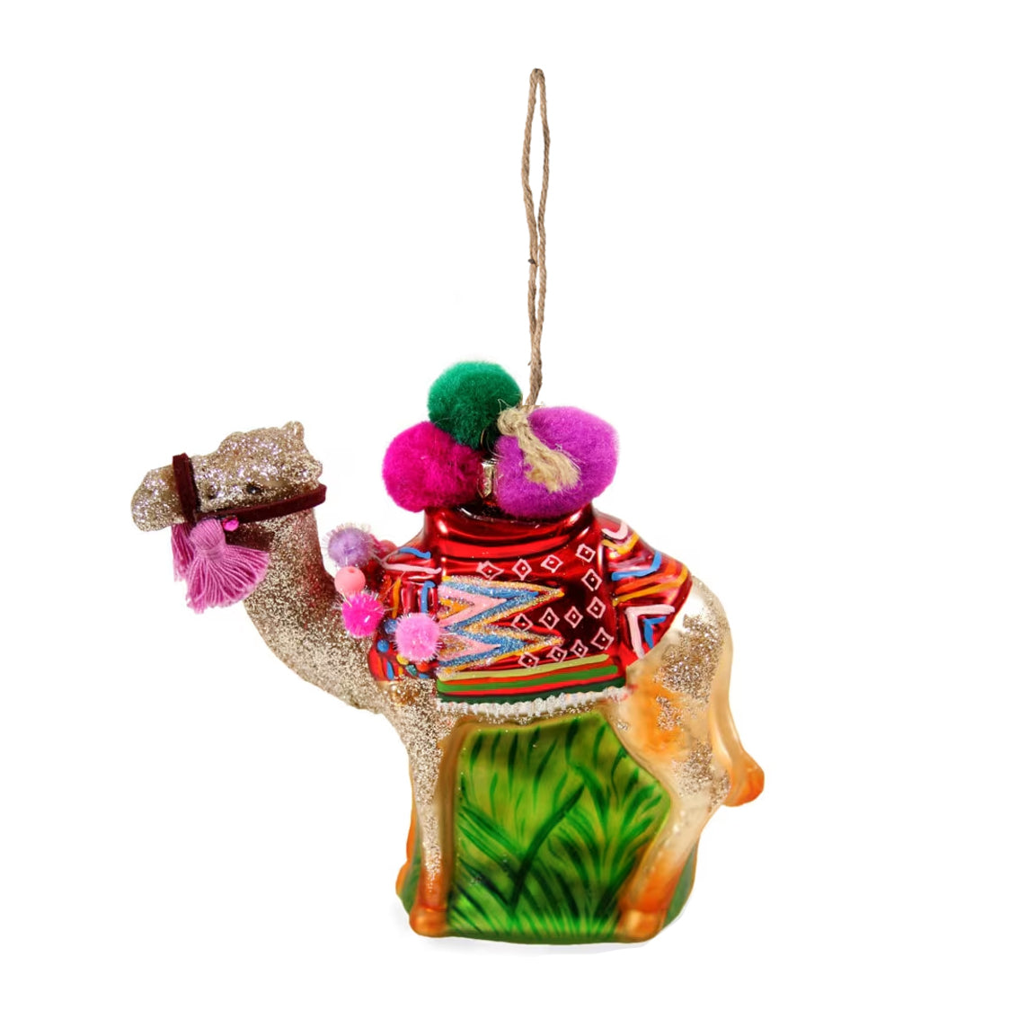 Decorative camel ornament with colorful patterns and pom-poms on a white background