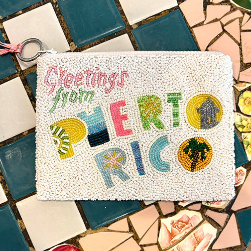  too short, replace with:
Greetings from Puerto Rico colorful beaded zip purse on mosaic tile background, handmade Boricua souvenir coin purse
