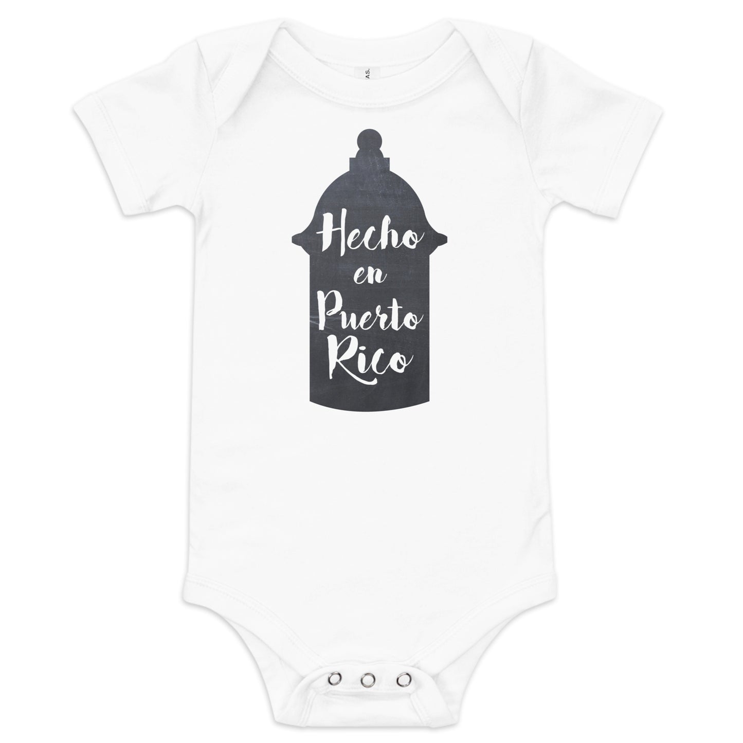 Hecho en Puerto Rico white baby onesie with Old San Juan lámpara graphic, Boricua baby gift bodysuit