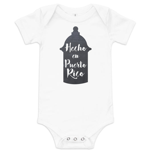 Hecho en Puerto Rico white baby onesie with Old San Juan lámpara graphic, Boricua baby gift bodysuit