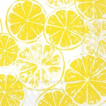 Yellow lemon slice print luncheon paper napkins close-up, citrus tropical napkins for island parties
