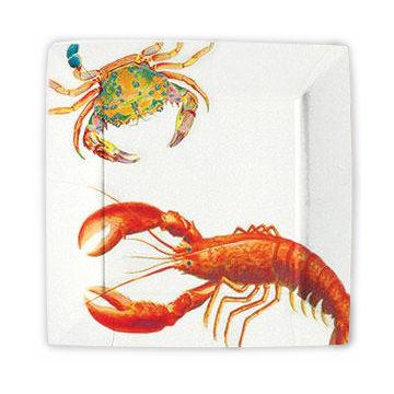 Dessert paper plate with a colorful illustration of a crab and lobster on a white background