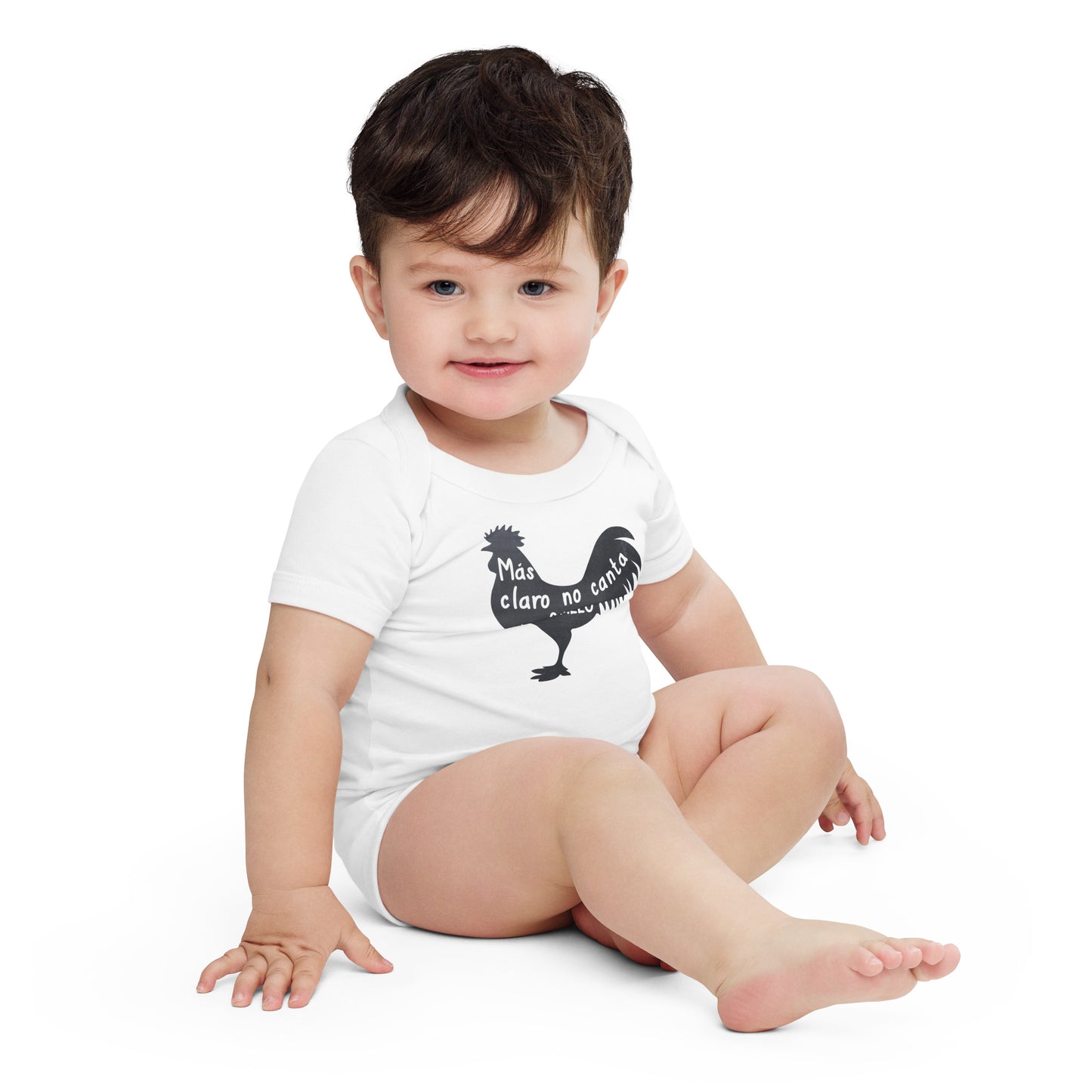 Mas claro no canta un gallo Puerto Rican slang baby onesie, Boricua infant bodysuit with rooster graphic