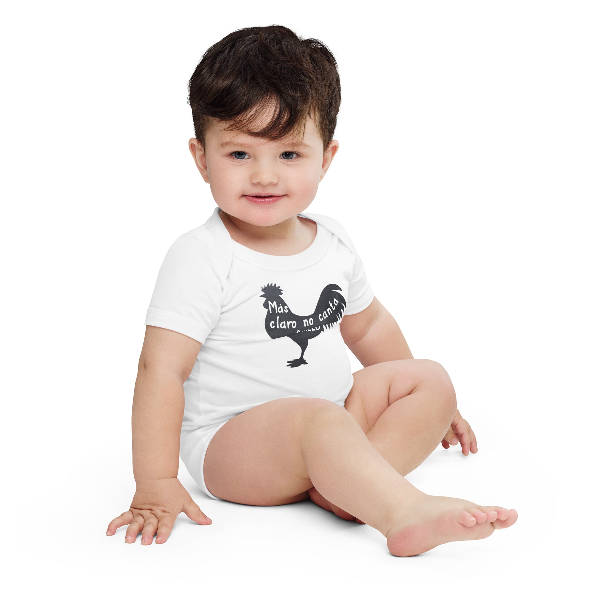 Mas claro no canta un gallo Puerto Rican slang baby onesie, Boricua infant bodysuit with rooster graphic