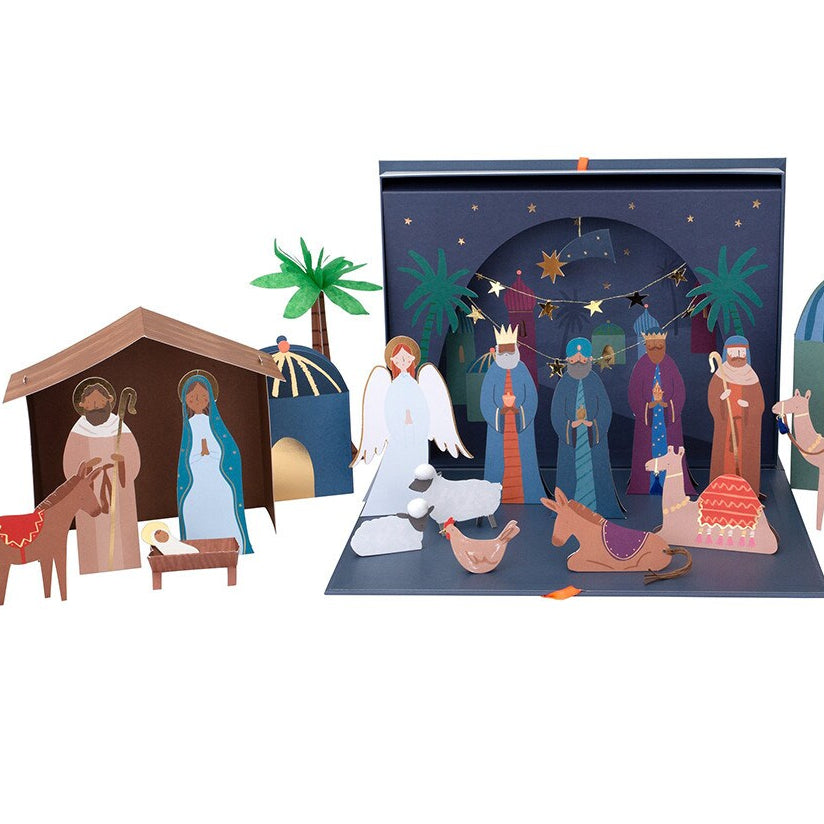 Nativity scene with characters and elements on a white background