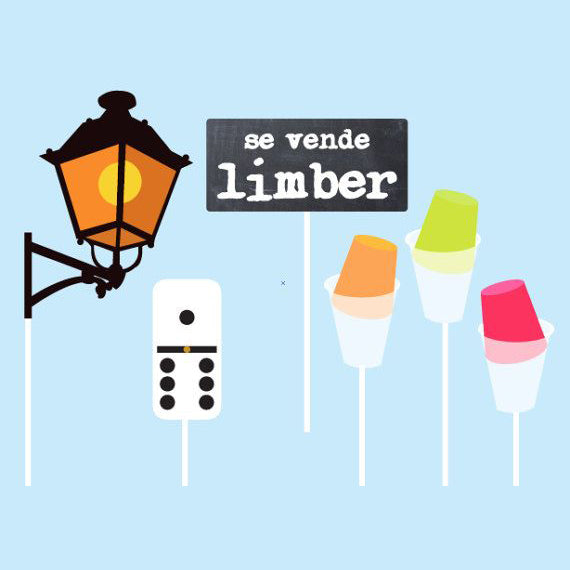 Puerto Rican noche photo props — se vende limber sign, Old San Juan lámpara, domino tile and limber ice pops printable