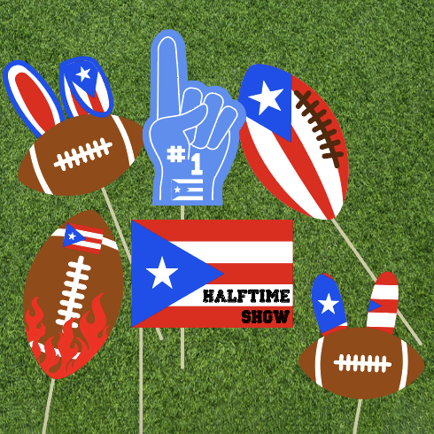 Decorative items for a football game including foam fingers, flags, and footballs on a grass background.