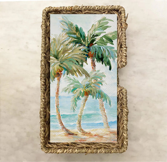 Tropical Escape - Watercolor image radiates a serene and tranquil aura of a tropical paradise with tall, lush palm trees gently swaying over a calm seaside backdrop. Perfect for beach-themed gatherings or to enjoy a touch of paradise in your everyday life. - tropical, beach, palm trees, seaside, paradise, summer, relaxation, vacation, coastal, tranquility