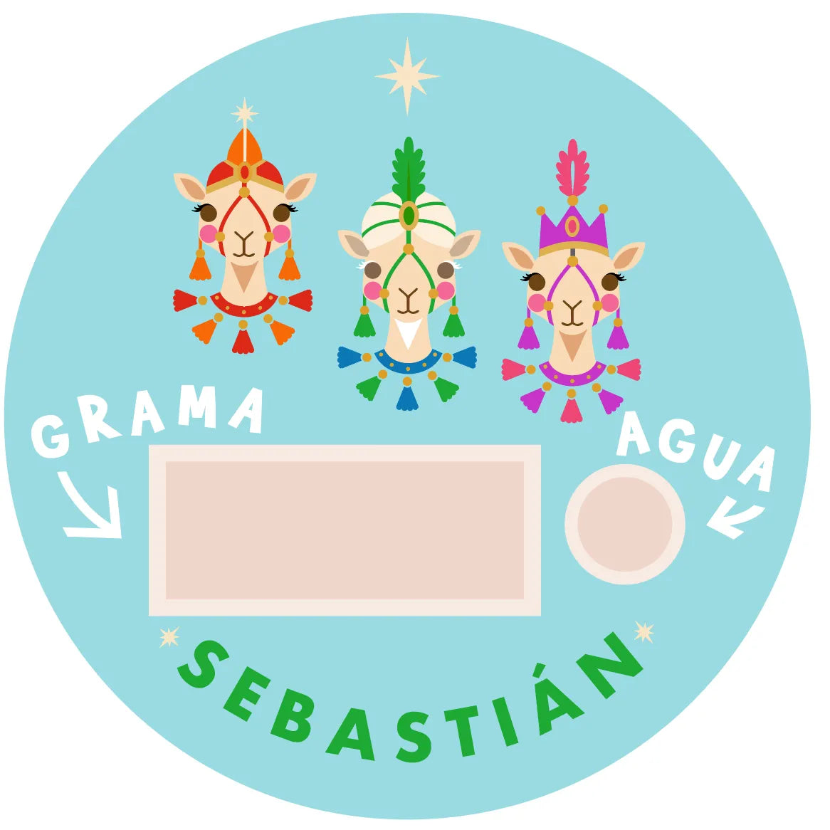 Personalized turquoise 10-inch melamine plate for Día de Reyes, featuring three colorful camels, grama and water sections, and the name Sebastián.
