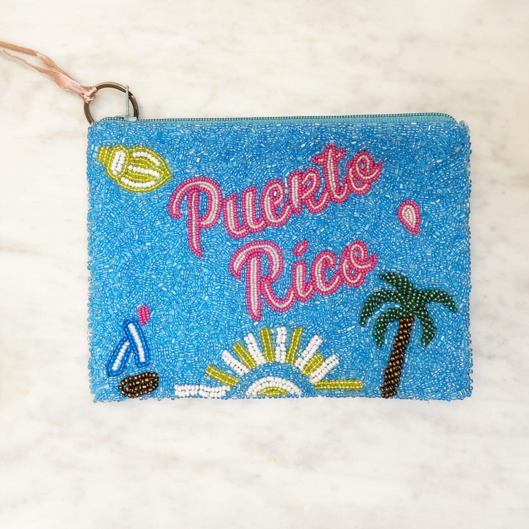 Puerto Rico beaded coin purse blue with palm tree and sun design, handmade Boricua zip purse