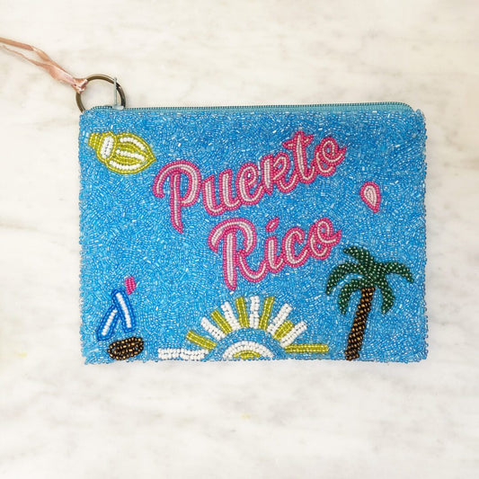Puerto Rico beaded coin purse blue with palm tree and sun design, handmade Boricua zip purse