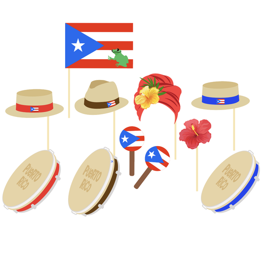 Puerto Rican party photo props including panderetas (tambourines) labeled “Puerto Rico” with red, white, and blue edges, three straw hats with Puerto Rican flag bands, two maracas with the Puerto Rican flag, a red tropical headwrap with yellow hibiscus, a separate hibiscus flower, and a Puerto Rican flag with a coquí frog.