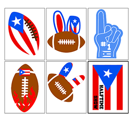 Set of six icons featuring footballs, Puerto Rican flags, and a number one hand gesture on a white background.