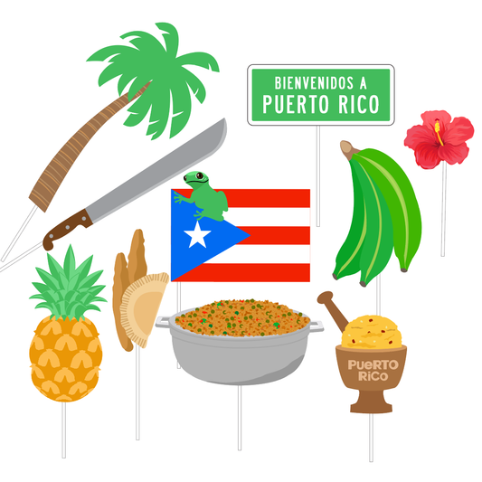 Illustrated Puerto Rican photo booth props featuring a palm tree, machete, pineapple, pastelillos (empanadas), a pot of arroz con gandules, a pilón with mofongo, a bunch of green plantains, a red hibiscus flower, a coquí frog on the Puerto Rican flag, and a green "Bienvenidos a Puerto Rico" welcome sign. These colorful icons represent the flavors and culture of Puerto Rico.