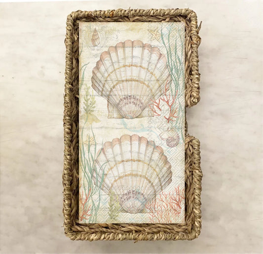 Elegant coastal guest towel napkin featuring soft watercolor scallop shells, coral, seaweed, and oceanic illustrations in pastel tones—ideal for beach weddings, coastal homes, and summer parties