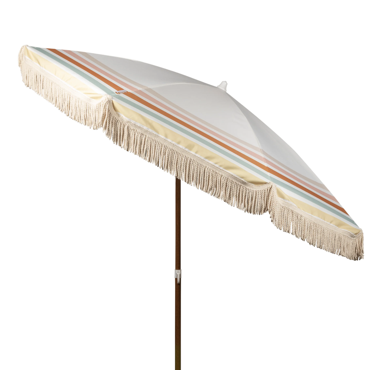 Summerland 6.5 ft portable beach umbrella angled view, multicolor stripe canvas with cotton fringe and faux wood steel pole