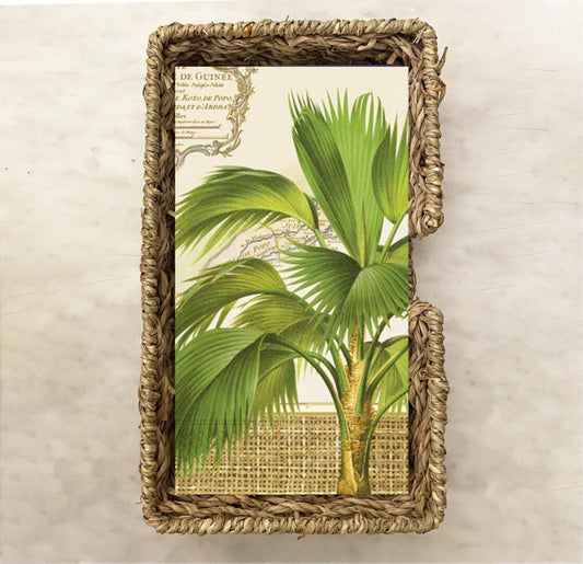 Tropical palm tree luncheon paper napkin in wicker seagrass frame, vintage botanical island napkin for Puerto Rican party