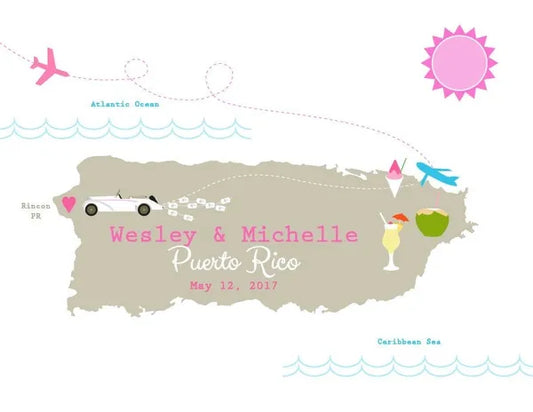 Vintage Car Puerto Rico Map - Art - Destination Wedding