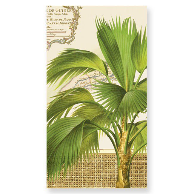 Vintage botanical palm tree paper napkin with antique map background, tropical island party napkin close-up