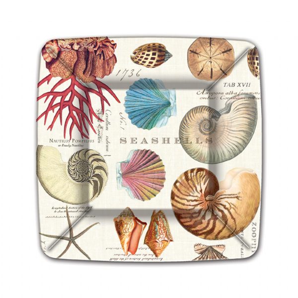 Vintage botanical seashells square dessert paper plate with nautilus, coral, starfish and scallop illustrations, coastal party tableware