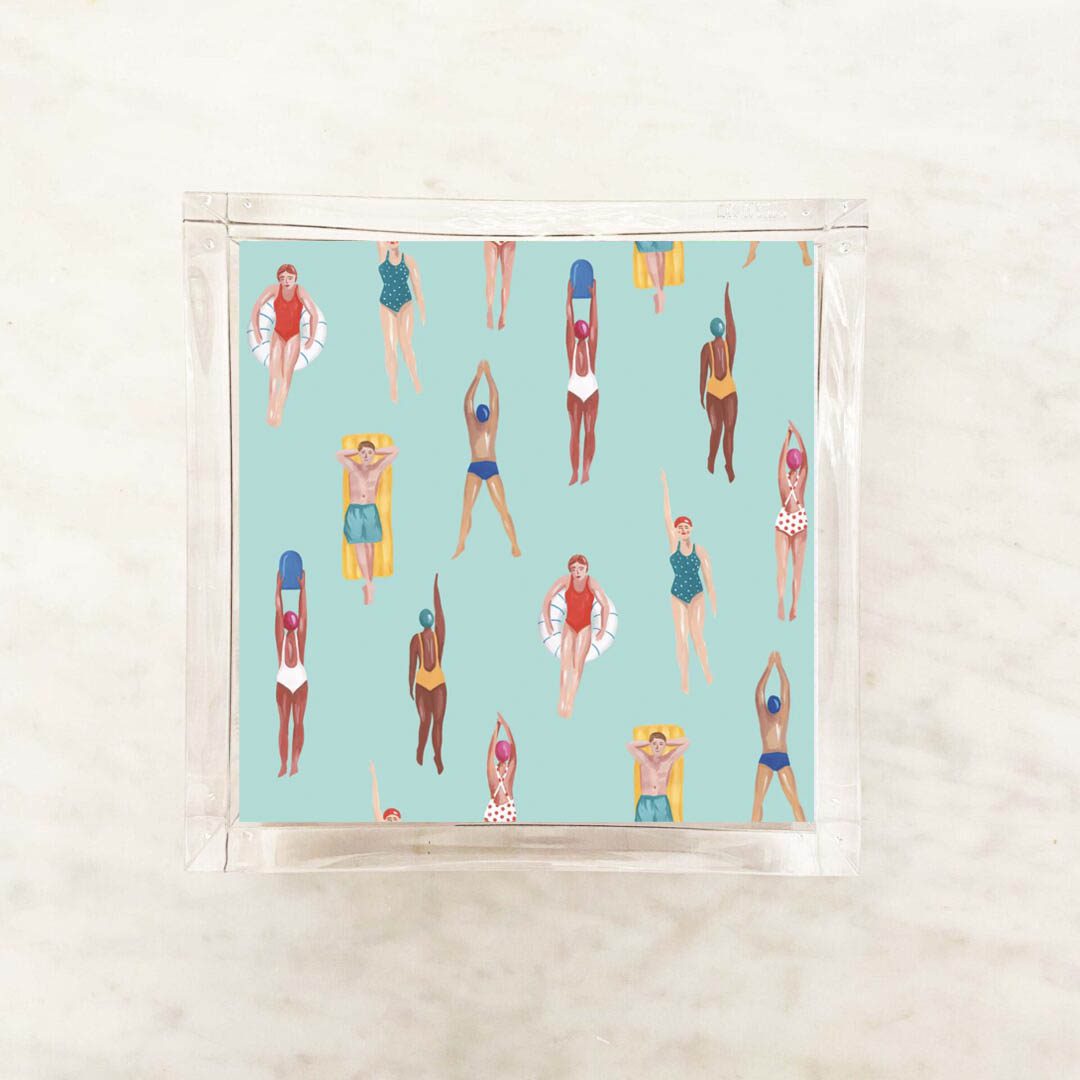 Tropical swimmer-themed cocktail napkins with illustrated women in vintage swimsuits on aqua blue background – perfect for summer parties, beach events, and bachelorette celebrations.